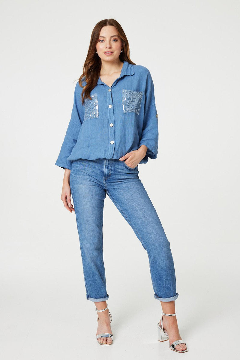 Sequin Detail 3/4 Turn-Up Sleeve Shirt