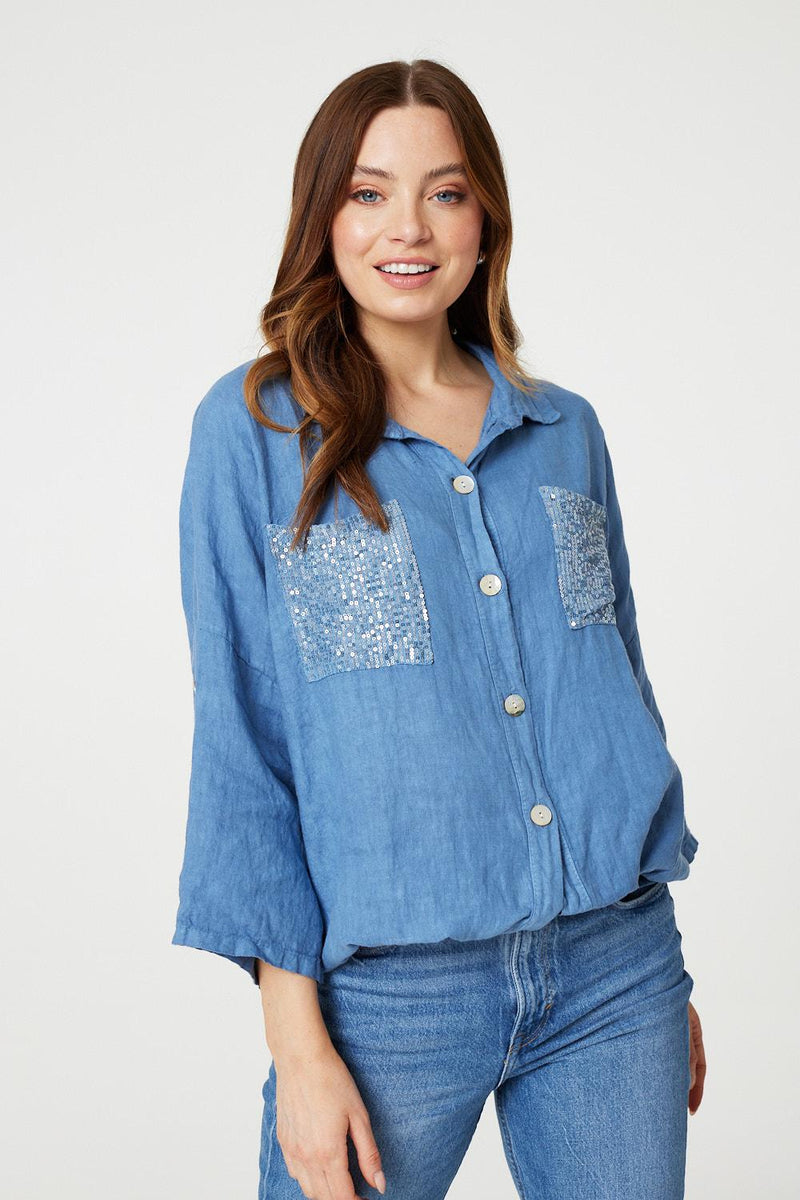 Sequin Detail 3/4 Turn-Up Sleeve Shirt