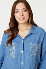 Sequin Detail 3/4 Turn-Up Sleeve Shirt