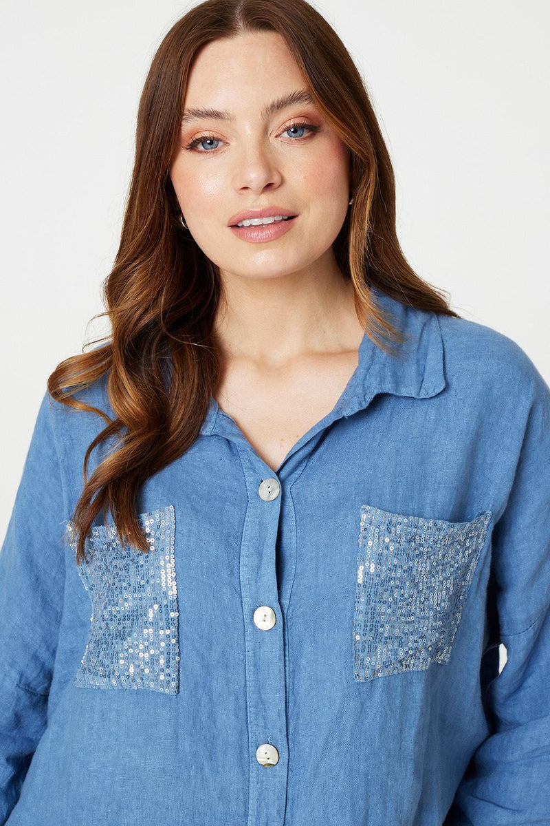 Sequin Detail 3/4 Turn-Up Sleeve Shirt