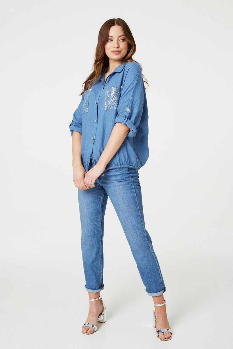 Sequin Detail 3/4 Turn-Up Sleeve Shirt