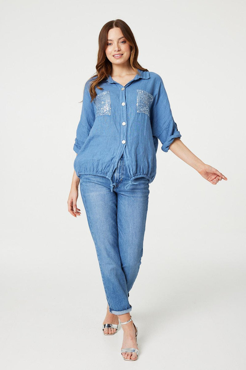 Sequin Detail 3/4 Turn-Up Sleeve Shirt