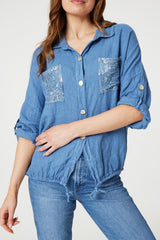 Sequin Detail 3/4 Turn-Up Sleeve Shirt