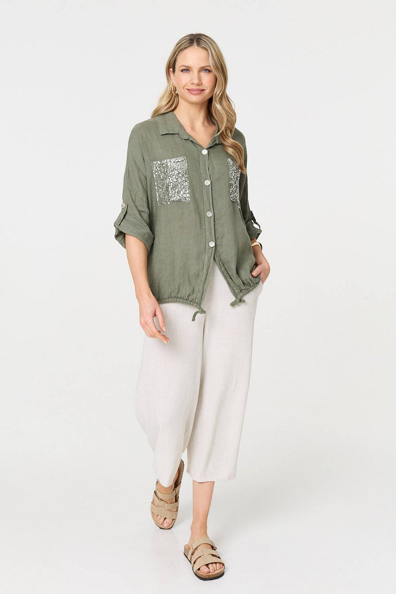 Sequin Detail 3/4 Turn-Up Sleeve Shirt
