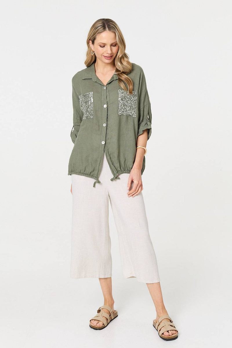 Sequin Detail 3/4 Turn-Up Sleeve Shirt