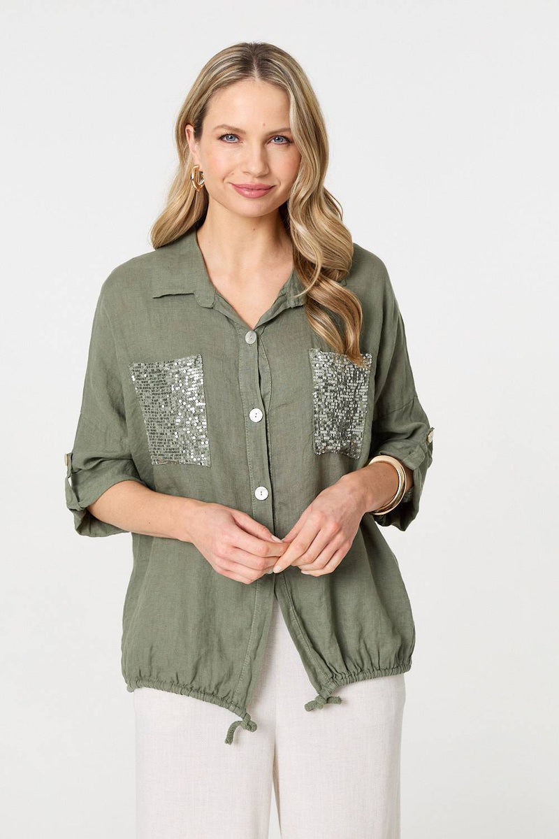Sequin Detail 3/4 Turn-Up Sleeve Shirt