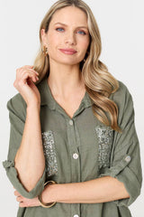 Sequin Detail 3/4 Turn-Up Sleeve Shirt