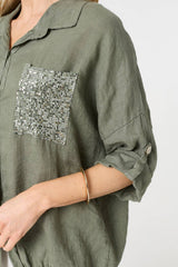 Sequin Detail 3/4 Turn-Up Sleeve Shirt
