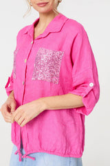 Sequin Detail 3/4 Turn-Up Sleeve Shirt