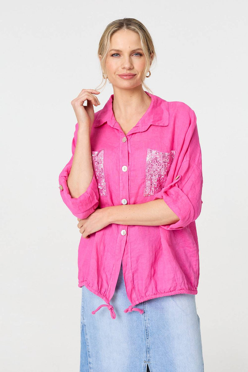 Sequin Detail 3/4 Turn-Up Sleeve Shirt