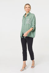 Sequin Detail 3/4 Turn-Up Sleeve Shirt