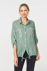 Sequin Detail 3/4 Turn-Up Sleeve Shirt