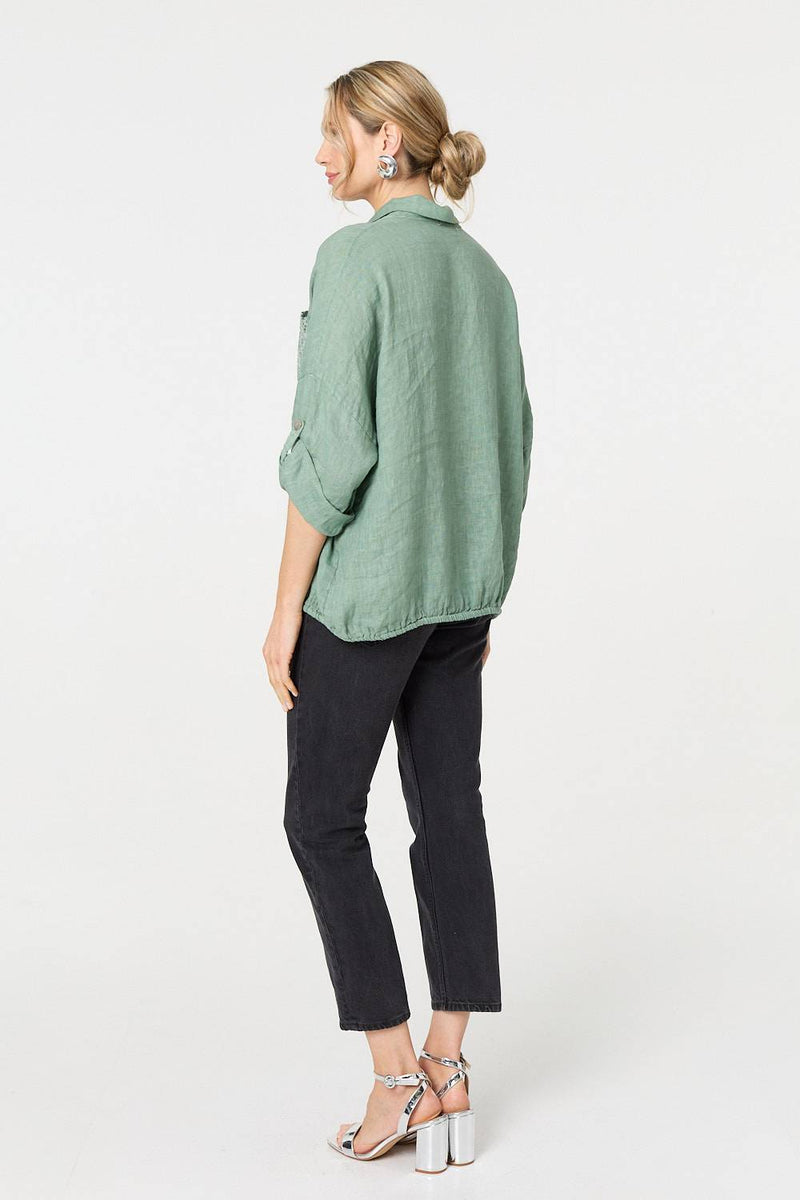Sequin Detail 3/4 Turn-Up Sleeve Shirt