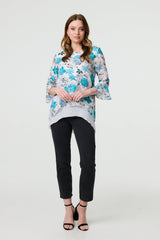 Floral 3/4 Sleeve Curve Layered Hem Blouse