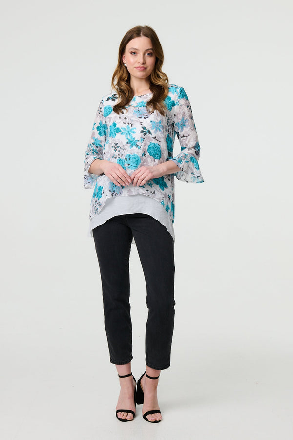 Floral 3/4 Sleeve Curve Layered Hem Blouse