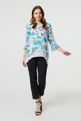 Floral 3/4 Sleeve Curve Layered Hem Blouse
