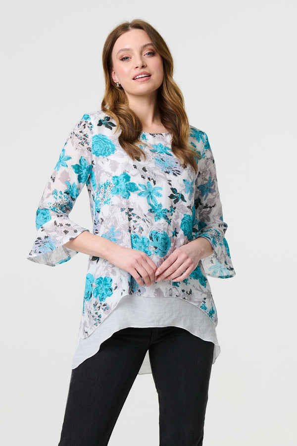 Floral 3/4 Sleeve Curve Layered Hem Blouse