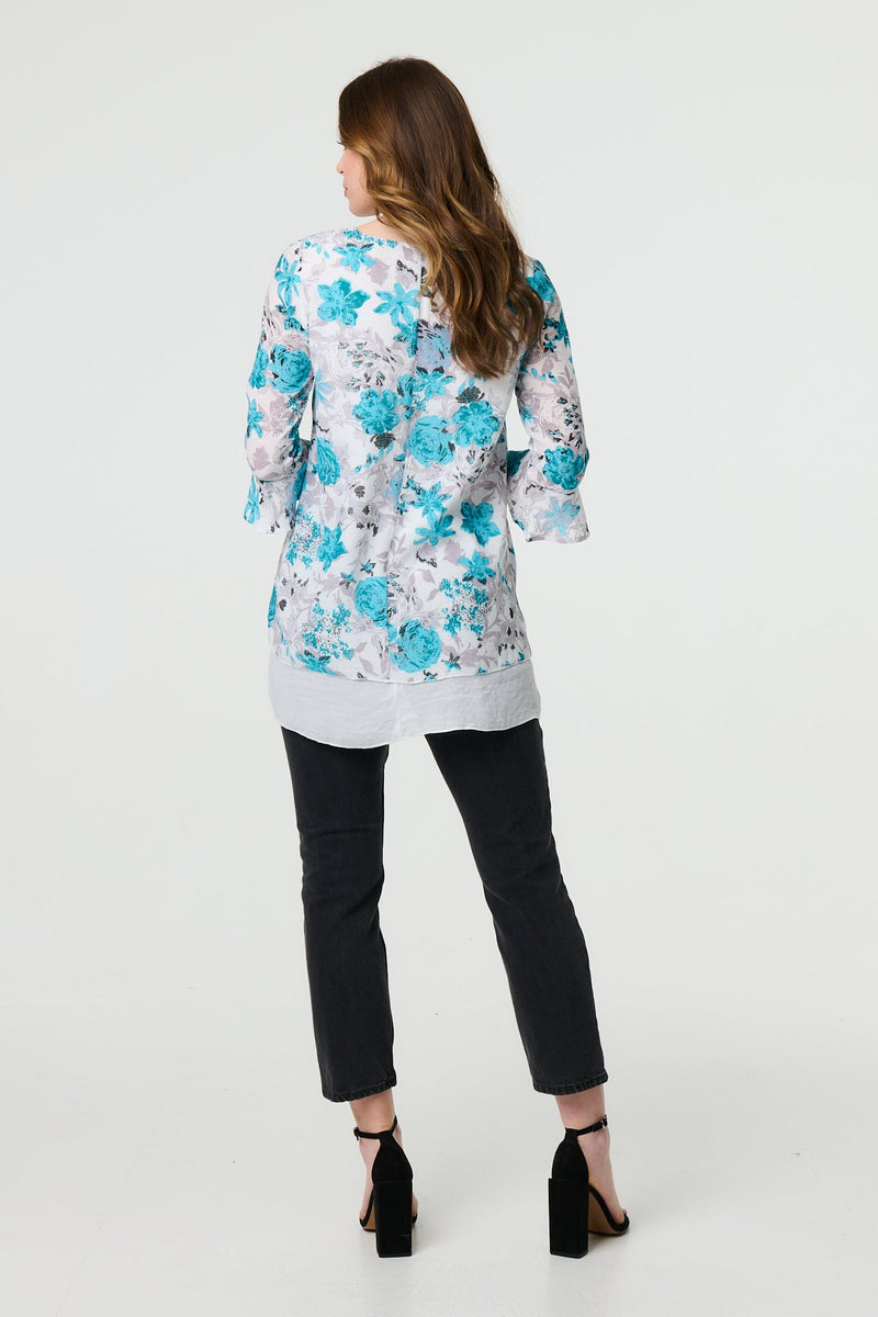 Floral 3/4 Sleeve Curve Layered Hem Blouse