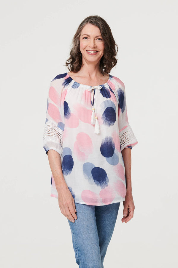 Printed Lace Trim Tassel Front Blouse