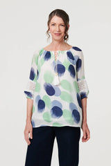 Printed Lace Trim Tassel Front Blouse