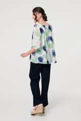 Printed Lace Trim Tassel Front Blouse