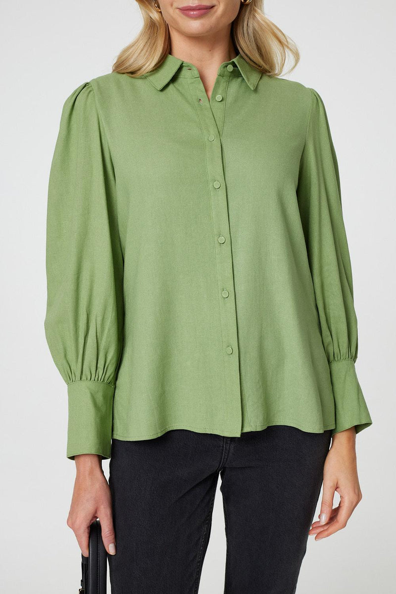 Plain Puff Sleeve Button-Up Shirt