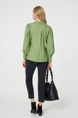 Plain Puff Sleeve Button-Up Shirt