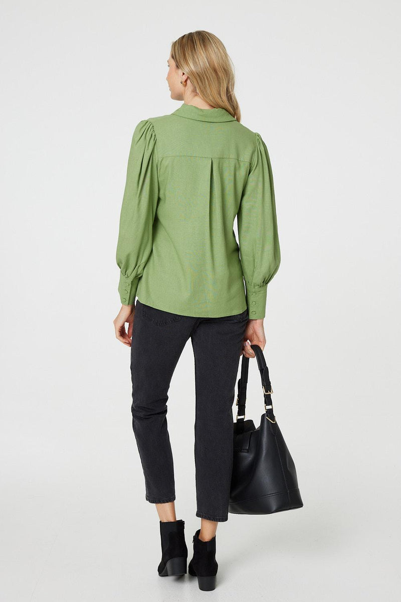 Plain Puff Sleeve Button-Up Shirt