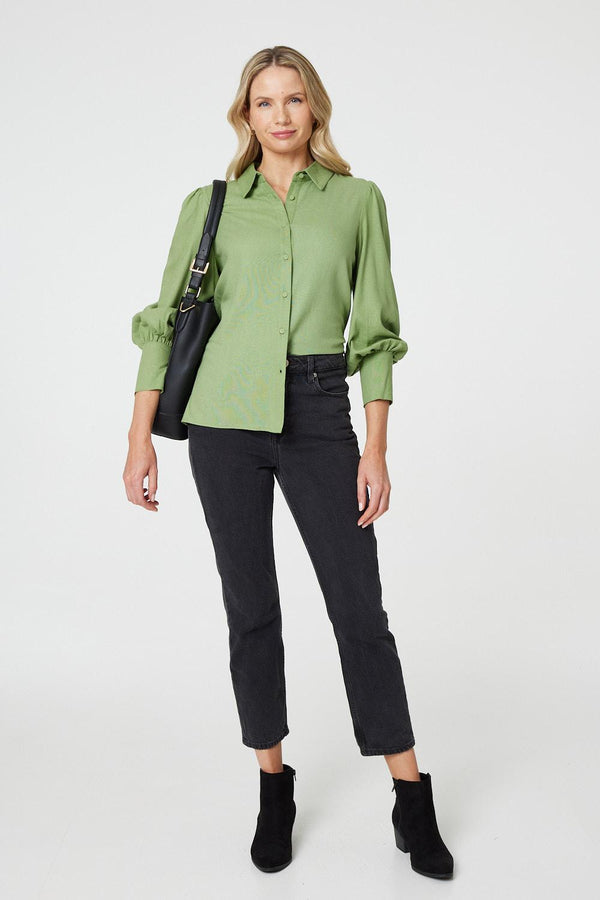 Plain Puff Sleeve Button-Up Shirt
