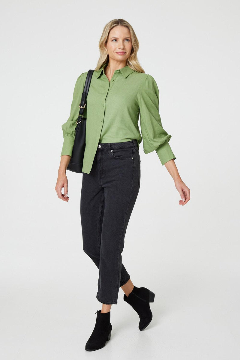 Plain Puff Sleeve Button-Up Shirt