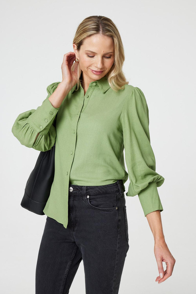 Plain Puff Sleeve Button-Up Shirt