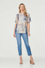 Floral Collarless Short Sleeve Blouse