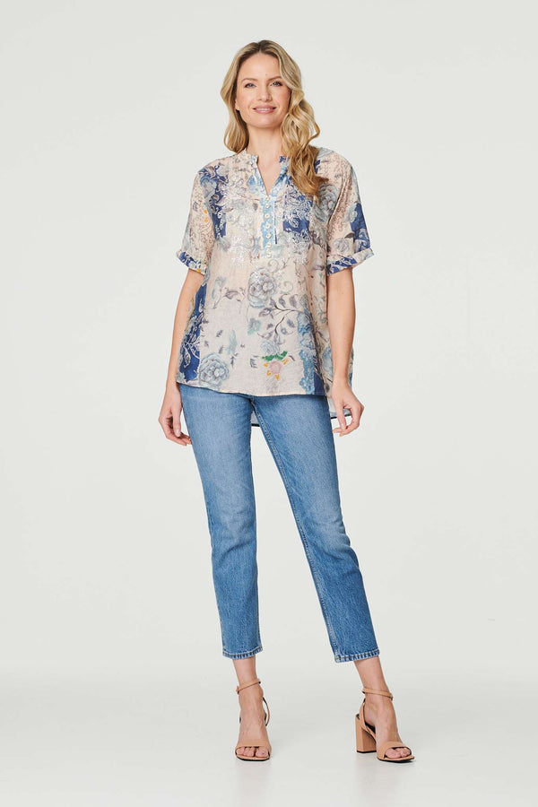 Floral Collarless Short Sleeve Blouse