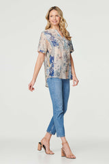 Floral Collarless Short Sleeve Blouse