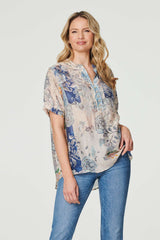 Floral Collarless Short Sleeve Blouse