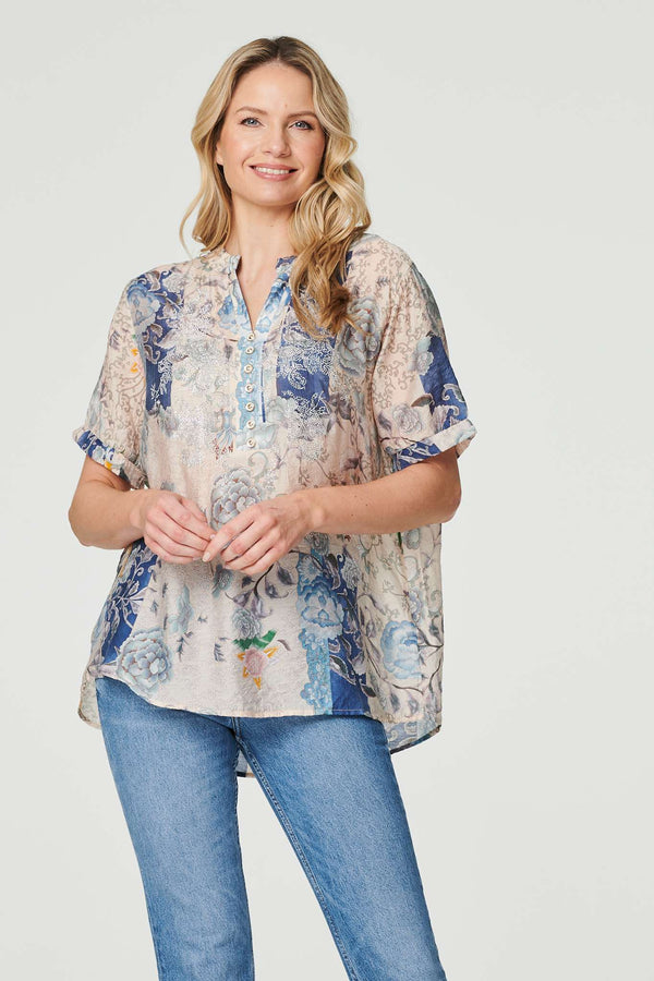 Floral Collarless Short Sleeve Blouse