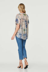 Floral Collarless Short Sleeve Blouse