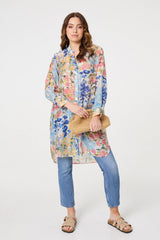 Floral Print Longline Semi Sheer Shirt