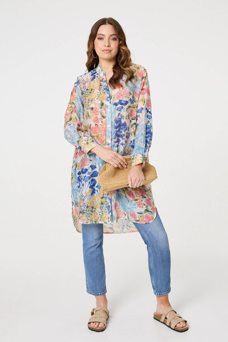 Floral Print Longline Semi Sheer Shirt
