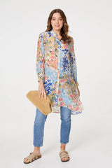 Floral Print Longline Semi Sheer Shirt