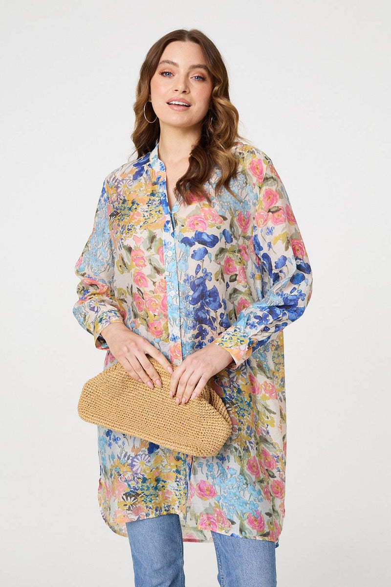 Floral Print Longline Semi Sheer Shirt