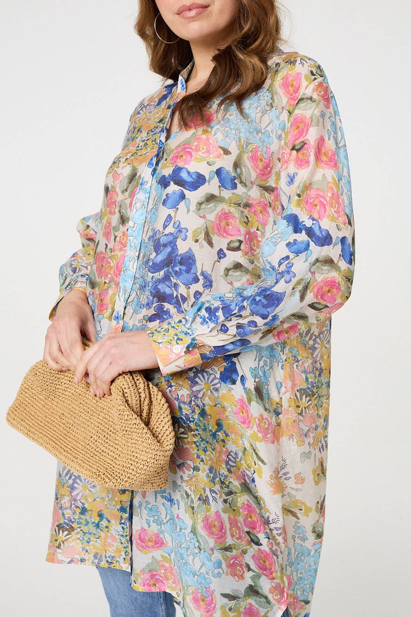Floral Print Longline Semi Sheer Shirt
