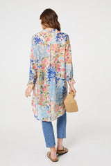 Floral Print Longline Semi Sheer Shirt