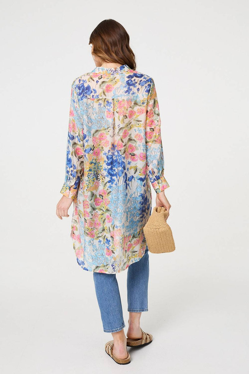 Floral Print Longline Semi Sheer Shirt