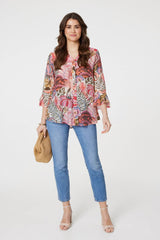 Floral 3/4 Frill Sleeve Relaxed Blouse