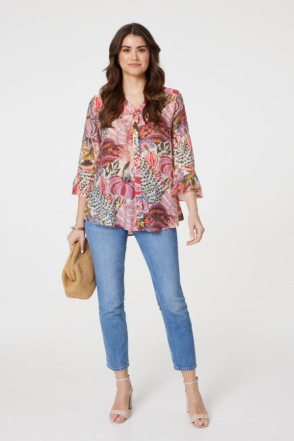 Floral 3/4 Frill Sleeve Relaxed Blouse