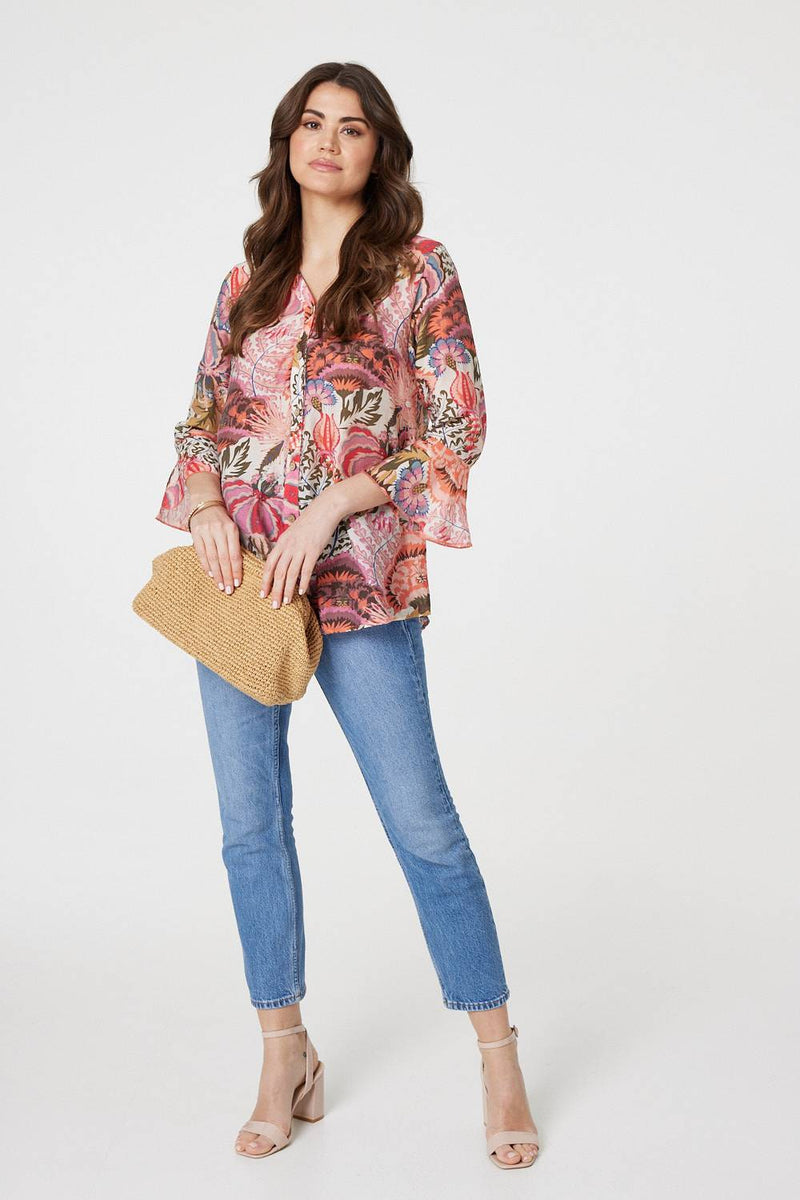 Floral 3/4 Frill Sleeve Relaxed Blouse