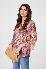 Floral 3/4 Frill Sleeve Relaxed Blouse