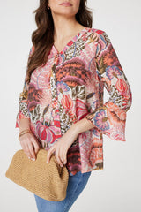 Floral 3/4 Frill Sleeve Relaxed Blouse