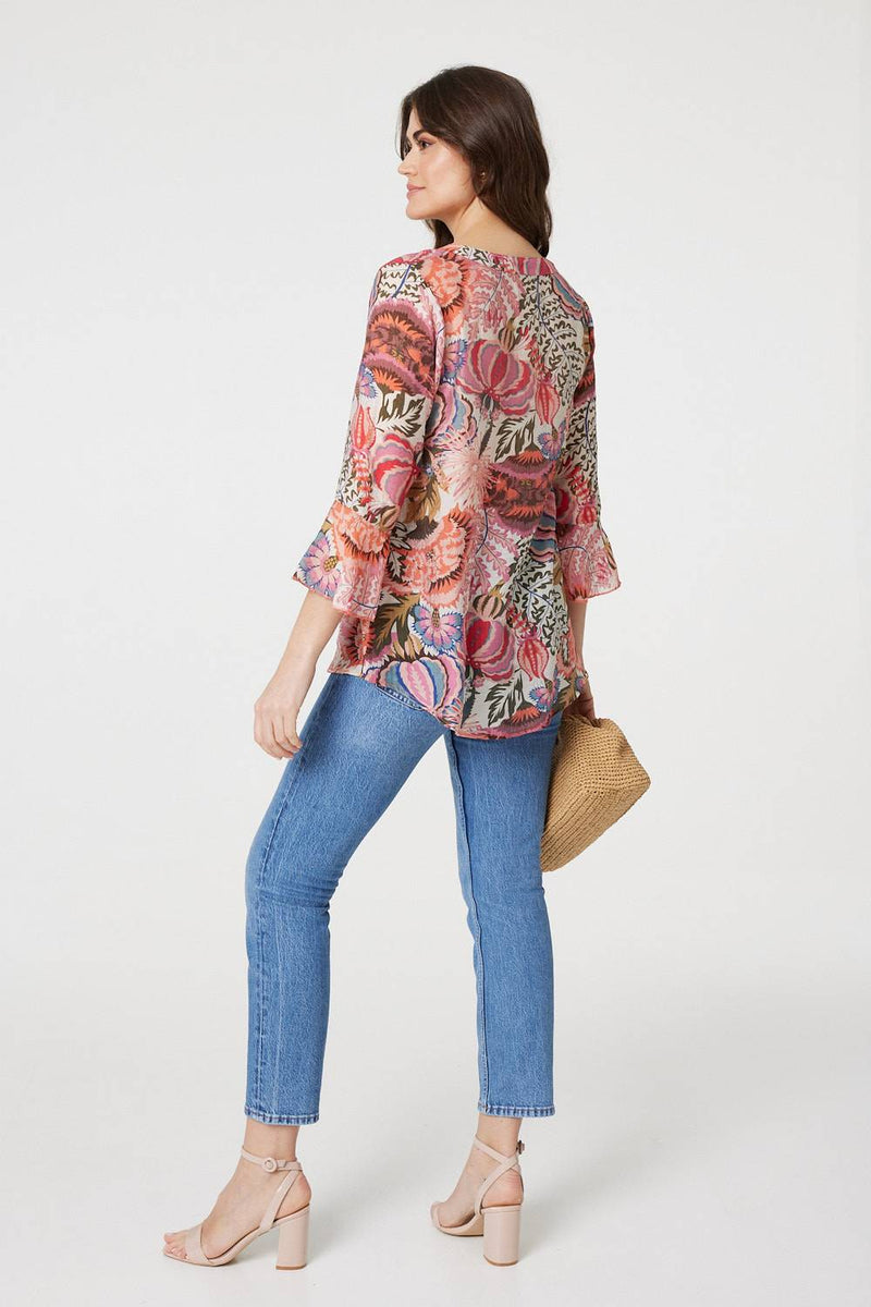 Floral 3/4 Frill Sleeve Relaxed Blouse
